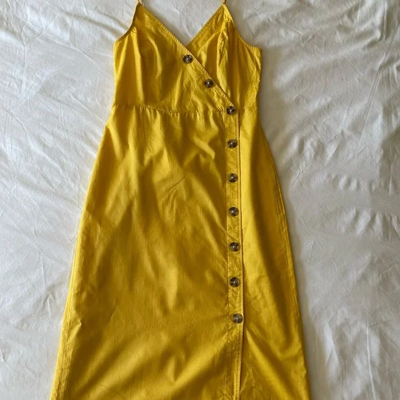 Express Asymmetrical Button Front Midi Dress | Small | Yellow - Picture 2 of 6
